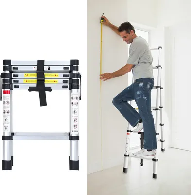 Obrázek produktu pro Jopassy teleskopický žebřík výsuvný skládací žebřík stabilní hliníkový žebřík do 150 kg 1,4 m+1,7 m