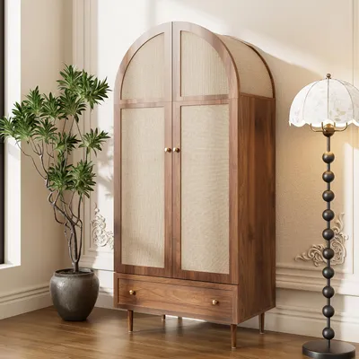 Immagine prodotto di Armadio con cassetti, ante in legno rivestite in tessuto di lino, armadio guardaroba con ampio spazio di stoccaggio, guardaroba, finitura noce