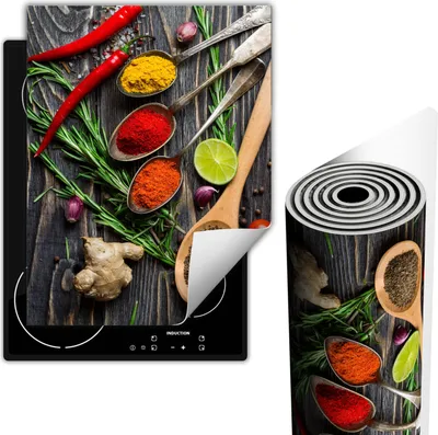Image de Plaques de recouvrement pour cuisinière Couverture de plaque vitrocéramique 40x52 cm Tapis antidérapant Enroulable, bois Épices