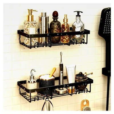 Produktbild von 2 Stück Duschablage ohne Bohren, langlebiger Edelstahl rostfreier Badezimmer Organizer mit großer Kapazität, schnell trocknendes Badregal mit 2 Haken für Shampoo und Dusche, Schwarz