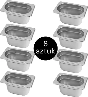 Zdjęcie produktu dla Pojemnik GN na posiłki gastronomiczny ze stali nierdzewnej 1/9 Mega-M 176x108x150mm, zestaw 8 szt.