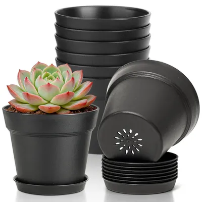 Produktbild von Blumentopf mit Untersetzer 8er-Set Schwarz 10cm Kunststoff