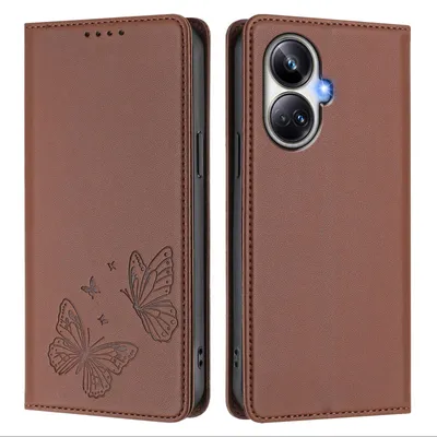 Produktbild von Lederhülle für Realme 10 Pro+, Schmetterling Prägung Leder Brieftasche Schutzhülle mit Ständer Braun