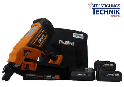 A battery-powered nail gun kit with two batteries and a charger, displayed on a white background.