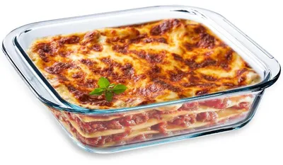 Obrázok produktu pre Sklenená forma na zapekanie, priehľadná, objem 1,1 l, rozmer 21 x 18 x 5 cm. Vhodná do umývačky riadu. Odolná voči teplu