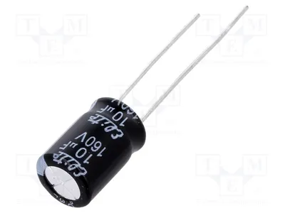 Imagen del producto de 20 condensadores: electrolíticos, montaje superficial (THT), 10 µF, 160 VDC, dimensiones 8 x 11,5 mm, tolerancia ±20%, modelo PF2C100MNN0812