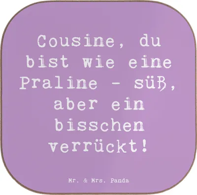 Produktbild von Mr. & Mrs. Panda Untersetzer für Gläser Spruch Cousine Praline - Lavendeltraum - Geschenk, herzerwärmende Sprüche, Tischuntersetzer, Verrückt, emotionale Geschenke, Tee
