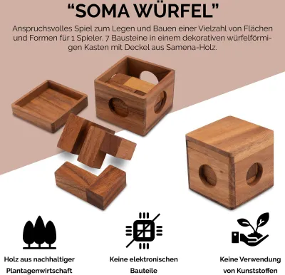 Zdjęcie produktu dla Kostka Soma rozmiar L - puzzle 3D - gra logiczna w drewnianym pudełku, długość krawędzi 9 cm