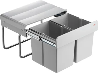 A double trash can system with a sliding mechanism and a lid.
