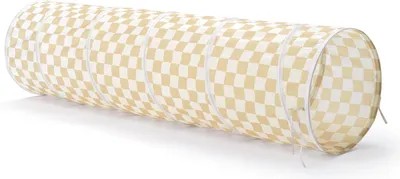 A checkered tunnel for children, lying on a white surface.