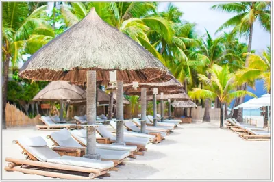 Produktbild von Wallario Wandbild Weißer Sandstrand mit Liegen, Größe: 61 x 91,50 cm, Poster mit weißem Aluminiumrahmen
