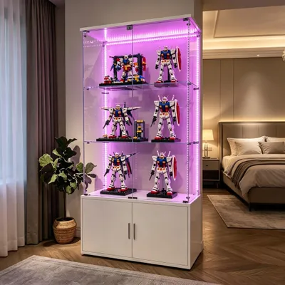Zdjęcie produktu dla INONEFT, witryna szklana, stojąca, z oświetleniem LED, szafka witrinowa z 4 półkami, 2 drzwiami i zamkiem, idealna do przechowywania win i książek, wymiary: 164x35x78,5 cm, kolor: biały
