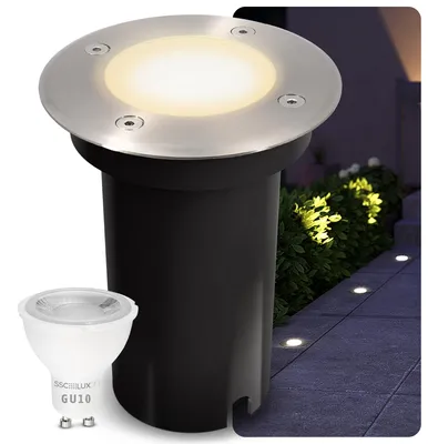 Produktbild von SSC-LUXon KALPA Bodenstrahler LED rund silber - Bodenleuchte IP67 Außenlampe mit GU10 Birne 2W warmweiß - Bodenlampe für Garten & Terrasse