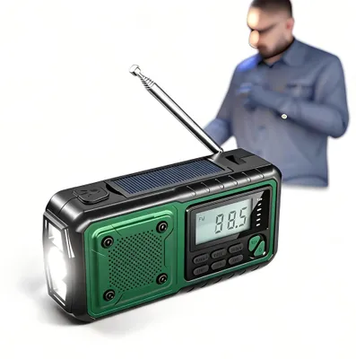 Produktbild von Notfall Kurbelradio Solar, AM/FM/NOAA Wetterradio mit 5000mAh Powerbank, LED Taschenlampe, SOS, USB-C, ideal für Camping & Outdoor