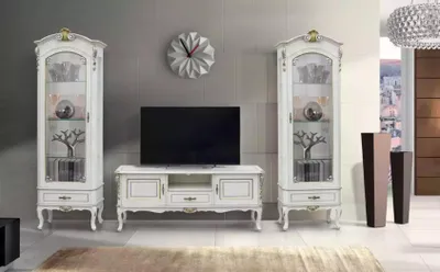 Produktbild von Set 3tlg. Wohnwand TV-Ständer 2x Vitrine Italienische Stil Möbel Weiß