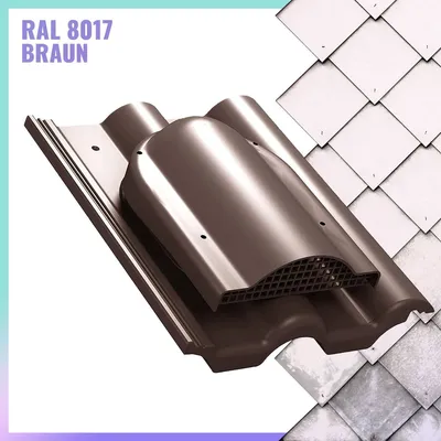 A brown roof tile with a ventilation feature, set against a background of other roof tiles.