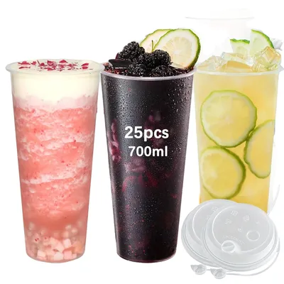 Imagen del producto de Vasos desechables, con capacidad de 700 ml, diseño apilable, paquete de 25 unidades con tapas