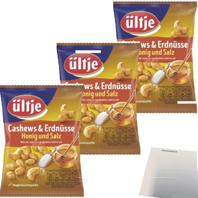 Produktbild von Ültje Cashew Erdnuss Mix Honig & Salz 3er Pack (3x200g Packung) + usy Block
