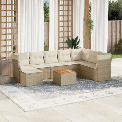 Produktbild von Design 9-tlg. Garten-Sofagarnitur mit Kissen Beige Poly Rattan, Gartenmöbel-Sets 2024 Neu