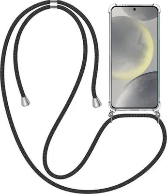 A black lanyard attached to a clear phone case with a phone inside, displayed on a white background.