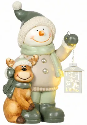 Produktbild von Schneemann Figur 43 cm aus MGO mit LED Laterne und Timer, für Weihnachtsdekoration