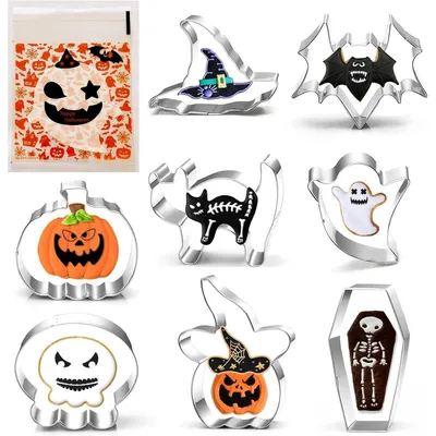 Produktbild von Halloween Ausstecher Set 8-teilig mit 100 Süßigkeitentüten aus Edelstahl