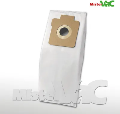 A white vacuum cleaner bag with a brown cardboard adapter is shown against a white background. The brand logo 'MisterVac' is visible in the top right corner and also as a large watermark across the bottom of the image.