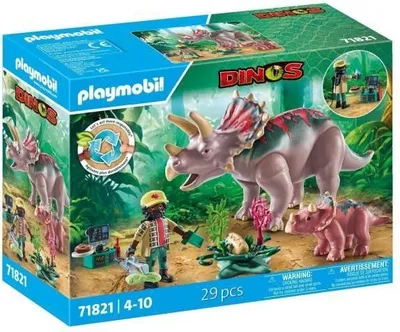 Produktbild von PLAYMOBIL Triceratops mit Baby und Forscher, Dinos, 29 Teile, Mehrfarbiges Spielset