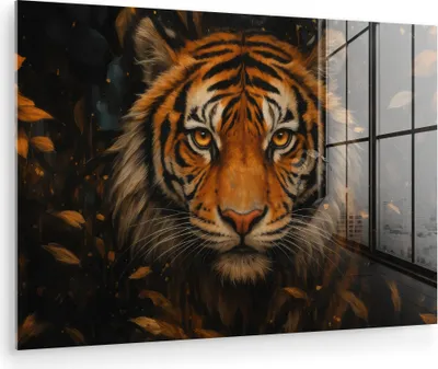 Produktbild von MuchoWow Glasbilder - Bilder auf Wandbild - Foto auf Glas Blätter - Tiger - Orange 120x80 cm Wanddekoration aus Glas - Acrylglasbild - Acrylbilder - Abbildung