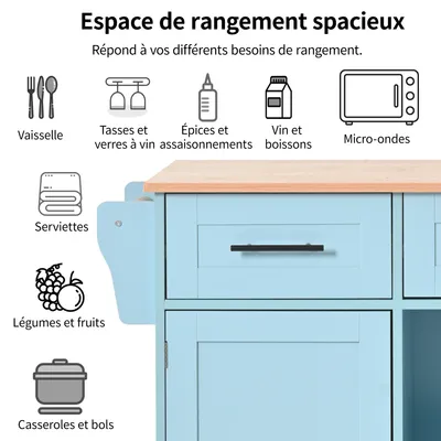 Produktbild von Abrihome Servierwagen Küchenwagen mit Klappbare Arbeitsplatte und Rollen, Kücheninsel mit 3 Schubladen, Küchenschrank Küchentrolley, Blau