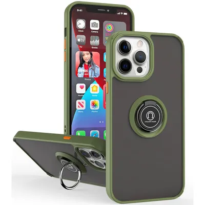 Obrázek produktu pro Pouzdro pro iPhone 13 Pro matné průsvitné TPU pouzdro s prstencovým držákem a stojánkem Armádní zelená