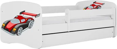 Produktbild von Weißes Babybett 80 x 160 cm mit Schublade und Rennwagenmotiv, ohne Matratze