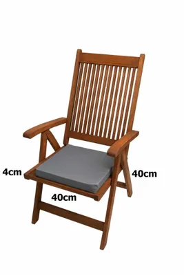 A wooden chair with a gray cushion, shown against a white background with dimensions indicated.