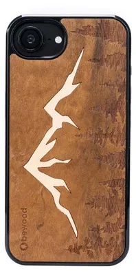 A wooden iPhone case with a mountain design.