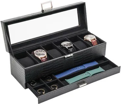 Produktbild von Lederen Horlogebox mit 6 Fächern, mit Glasdeckel, 2 Ebenen, mit abnehmbaren Horlogepolstern, für Schmuck, Armbänder und Ketten, schwarz
