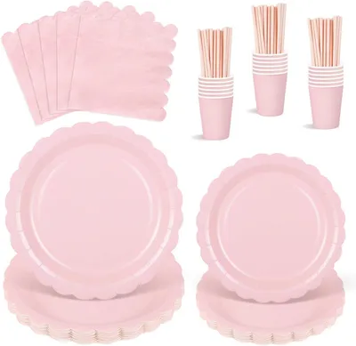 Produktbild von Rosa Partygeschirr-Set mit 125 Teilen für 25 Gäste: Pappteller, Servietten, Becher und Papierstrohhalme für Babypartys, Geburtstage und Hochzeiten