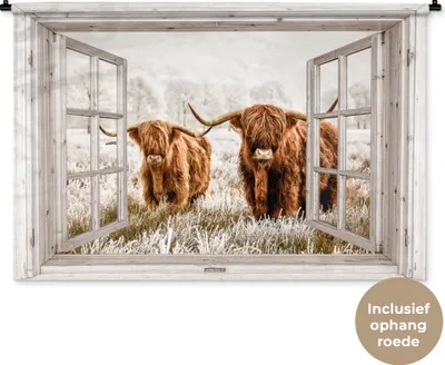 Produktbild von MuchoWow® Wandteppich Wandbehang Durchblick - Schottische Hochlandrind - Tiere 150x100 cm Tapisserie Dekoration Wandtuch - Waschbar - Tapisserien - Wand-Decke