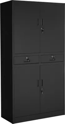 A black metal filing cabinet with two upper doors, two drawers, and two lower doors. Each compartment has a lock.