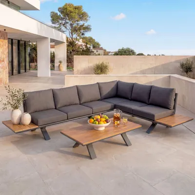 Immagine prodotto di Set da giardino in alluminio HWC-M62, gruppo di sedute divano da giardino/lounge, struttura in legno ~ antracite, rivestimento grigio scuro