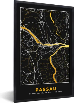 Produktbild von MuchoWow® Gerahmtes Poster Stadtplan - Deutschland - Gold - Passau - Karte 60x90 cm - Poster mit Schwarzem Bilderrahmen Wandposter Rahmen Foto Bilder - Kunst