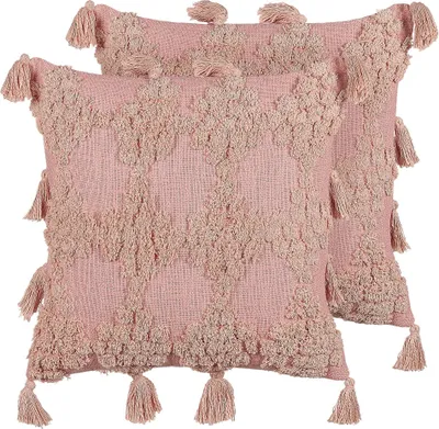 Zdjęcie produktu dla BELIANI Zestaw 2 poduszek różowy bawełna 45 x 45 cm geometryczny wzór z frędzlami zdejmowana poszewka wypełnienie w stylu boho