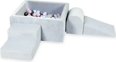 Produktbild von Schaumstoff-Spielset mit quadratischem Bällebad – Schaumstoff-Spielset mit quadratischem Pool 90x90x40 Samt weich hellgrau mit Bällebadbällen 400 Stück / Hellblaue Perle, Rosa Perle, Metallic-Graphit. Meerjungfraueneffekt
