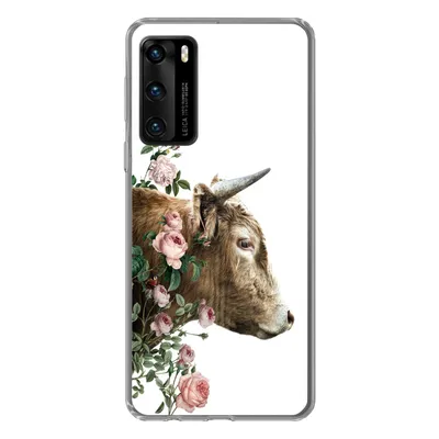 Produktbild von MuchoWow® Handyhülle Schutzhülle Hülle für Huawei P40 Schottischer Highlander - Kuh - Blumen Silikon Softcase Handy Hülle - Handytasche