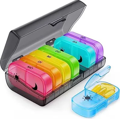 Produktbild von AUVON Tablettenbox 7 Tage Morgens Abends, Pillendose, 2 Fächer, handlicher und feuchtigkeitsbeständiger Medikamentenbox für die Hand- oder