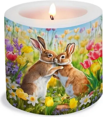 Produktbild von Kerze rund Rabbits in Spring Field Ø 8cm, Höhe 7,5cm