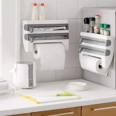 Produktbild von Wandrolhalter für Frischhaltefolie und Küchenpapier mit Ablage - Grau - Multifunktionales Ablagesystem für Küche und Bad - Folienabschneider mit Ablagefläche