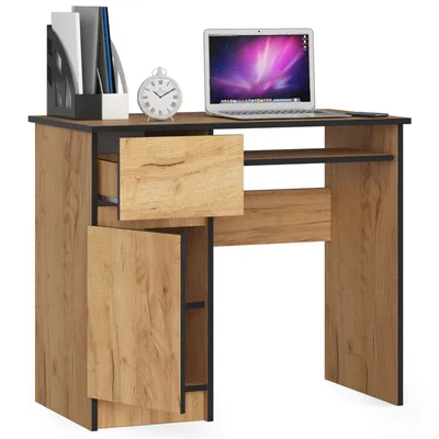 A modern computer desk with a wood-grain finish and black accents, shown against a white background.