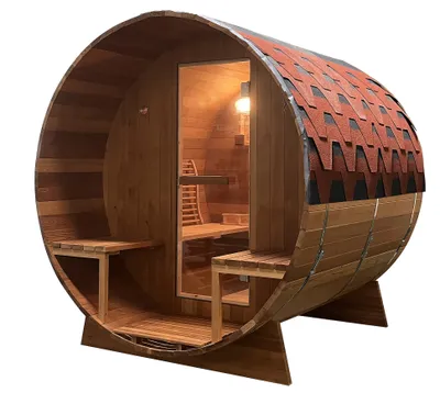 Produktbild von Outdoor Fasssauna BERGEN - 180 x 180 x 188 cm - Mit Saunaofen, Sicherheitsglas, Saunazubehör