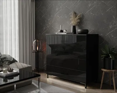 Produktbild von Kommode LINA 95 PUSH OPEN Schwarz / Schwarz hochglanz + Schwarz Matt