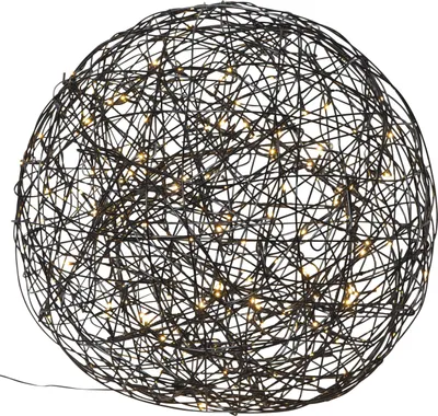 A spherical decorative light fixture made of intertwined black wire with small LED lights embedded within.